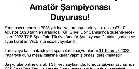 2023 TGF Spor Toto Türkiye Amatör Şampiyonası Duyurusu!