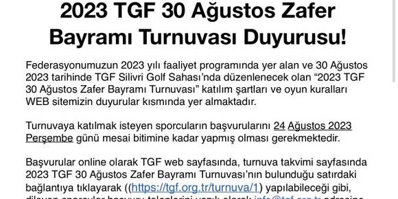 2023 TGF 30 Ağustos Zafer Bayramı Turnuvası Duyurusu!